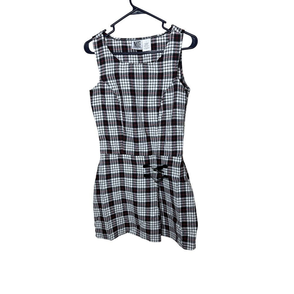 Vintage Mixed Blues Womens Plaid Mini Dress Black White Red Buckle Size 3 USA